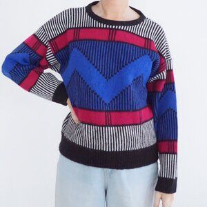 Vintage Ricki Black Blue Red Geometric Stripe Chevron Knit Crewneck Sweater M